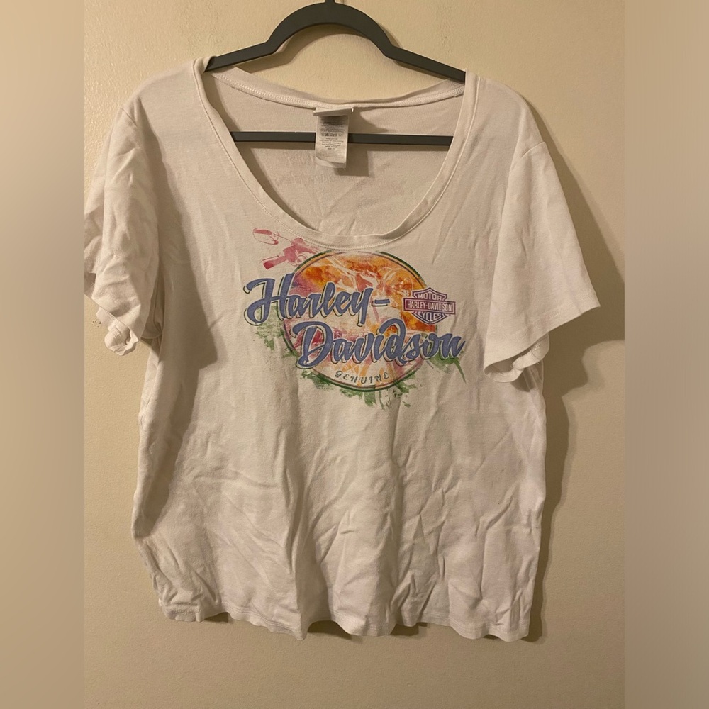 Womens White Graphic Harley-Davidson Short Sleeve Tee Scoop Neck T-Shirt Size 1X